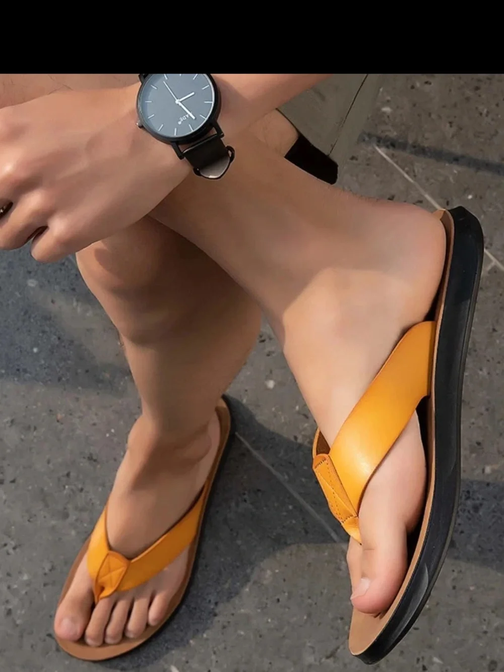 Men's Yellow-Tan Leather Flip-Flop Sandals